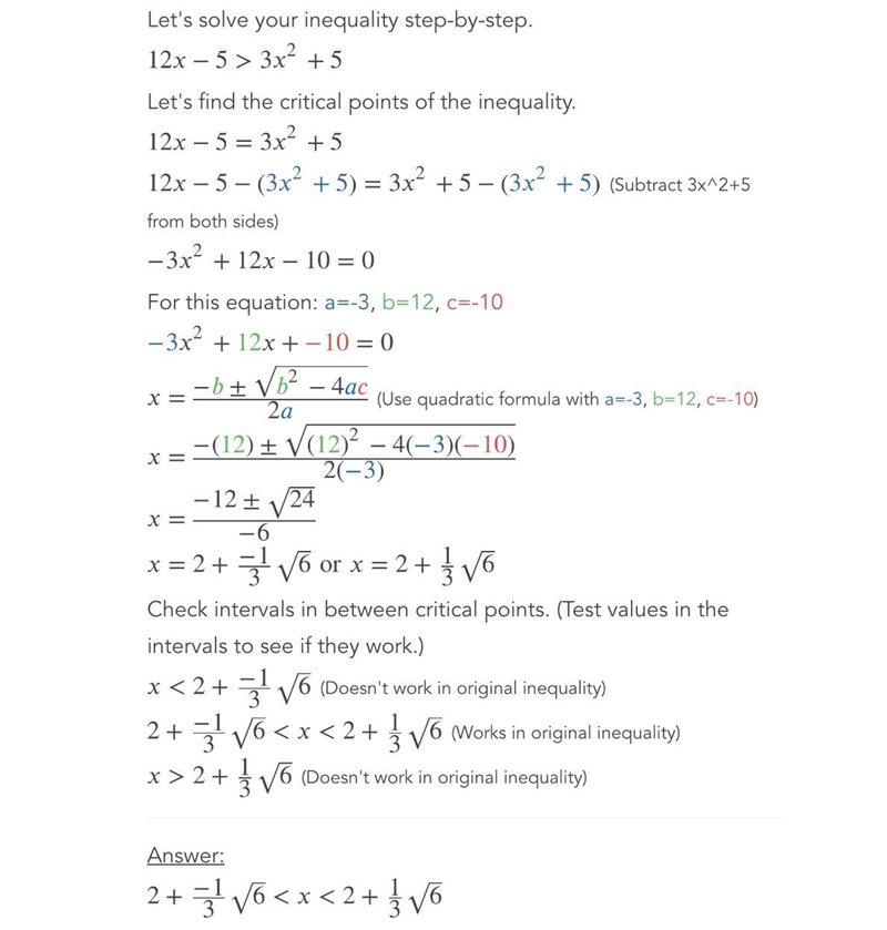 12х - 5 >3х^2 +5 I am confused how to solve this.-example-1