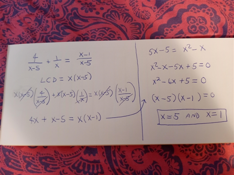 Solve by using the LCD. 4/x-5 + 1/x = x-1/x-5 (please help!!)-example-1