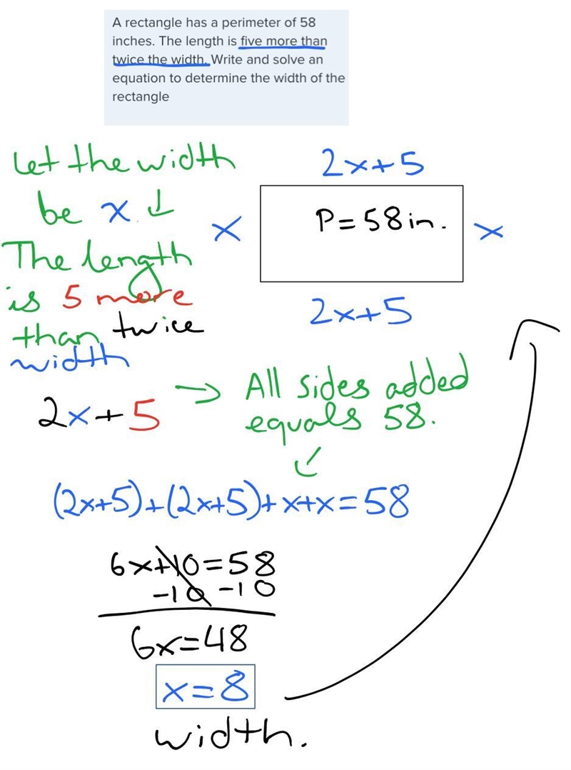 A rectangle has a perimeter of 58 inches. The length is five more than twice the width-example-1