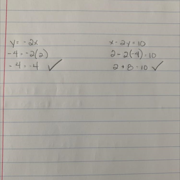 The ordered pair (2, -4) is a solution to the system y= -2x and x -2y = 10.​-example-1