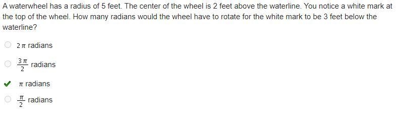 A waterwheel has a radius of 5 feet. the center of the wheel is 2 feet above the waterline-example-1