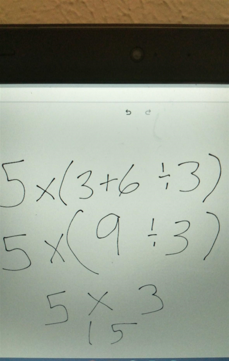 What is the value of the expression 5×(3+6÷3)-example-1