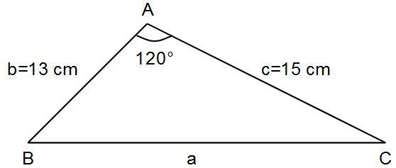 Given ∆ABC, m∠A=120°,b=13 cm,c=15 cm. Find the length of side a. Draw the triangle-example-1