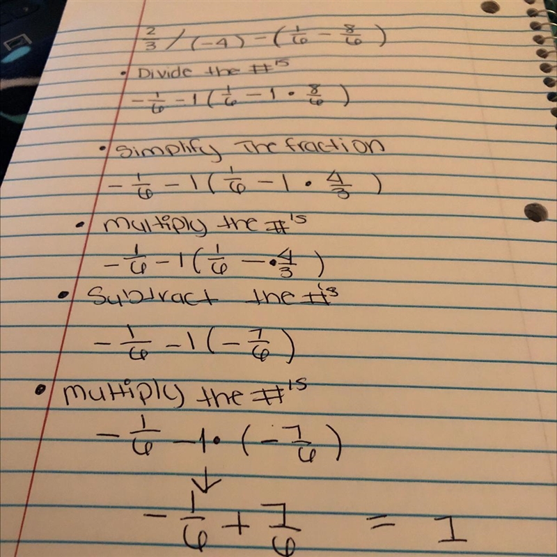 (2)/(3) / (-4) - ((1)/(6) - (8)/(6) )-example-1