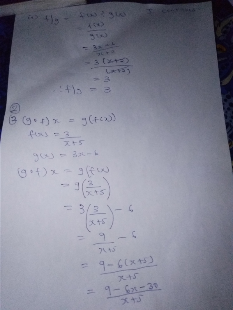 Use the given functions f and g to find f + g, f − g, fg, and f g . State the domain-example-2