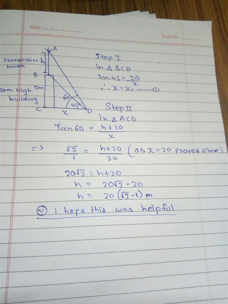 From a point on the ground the angles of elevation of the bottom and top of a tower-example-1