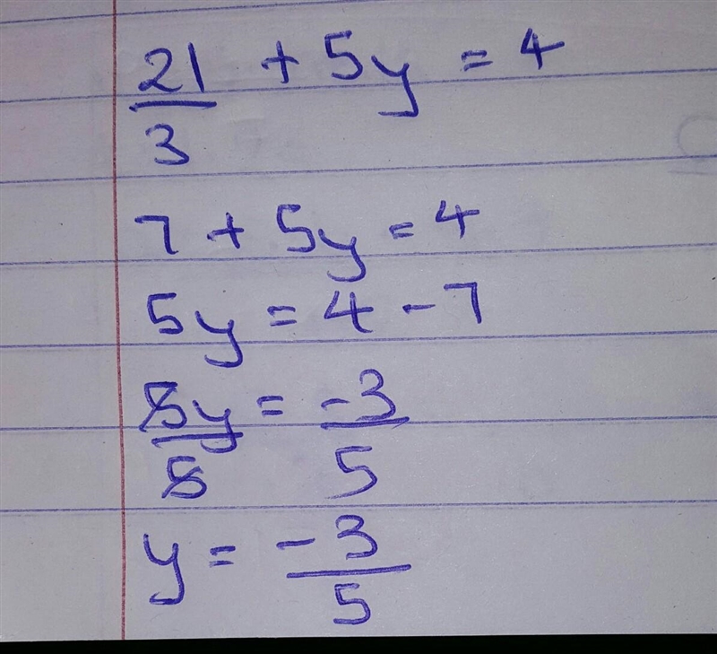 How do you solve 2 1/3 + 5y = 4-example-1