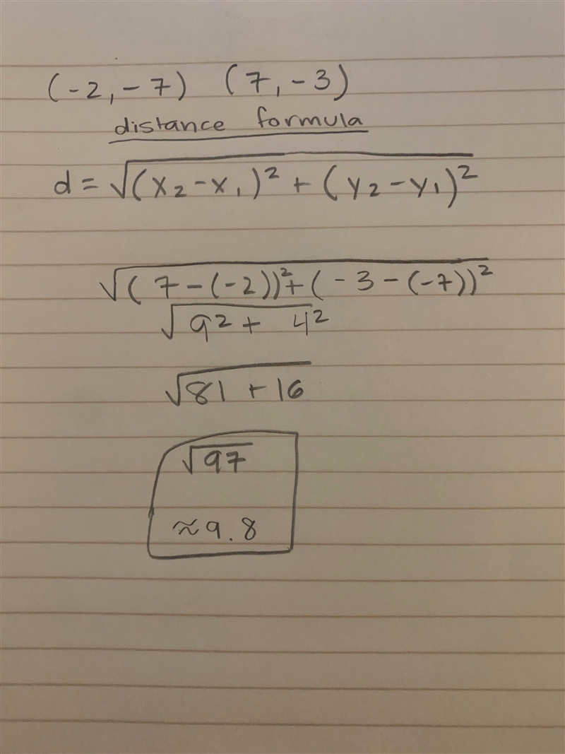 Find the distance between the points ( – 2, – 7) and (7, – 3).-example-1