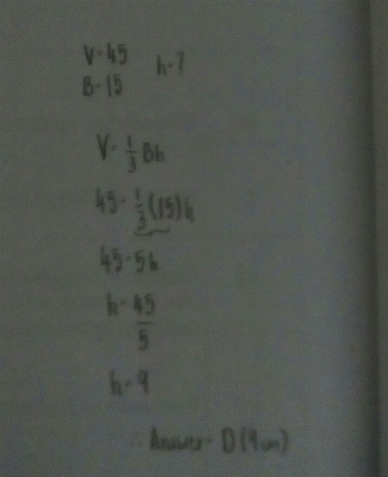 Below is a formula for the volume of a pyramid V = 1/3 Bh , where B is the base area-example-1