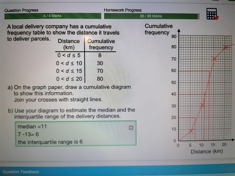 a local delivery company has a cumulative frequency table to show the distance it-example-1