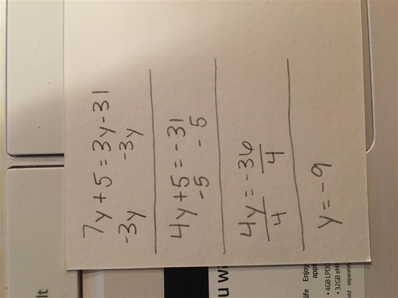 7​y​ + 5 = 3​y​ – 31-example-1