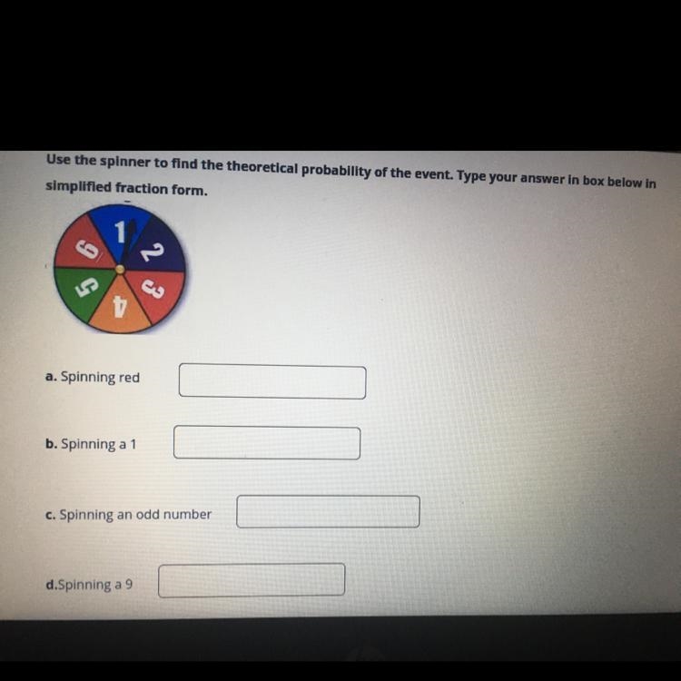 Use the spinner to find the theoretical probability of the event. Type your answer-example-1