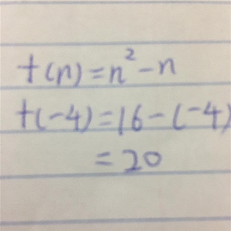 If f(n) = n² - n, then f(-4) is ______. A. -12 B. -20 C. 20 D. 12 ​-example-1