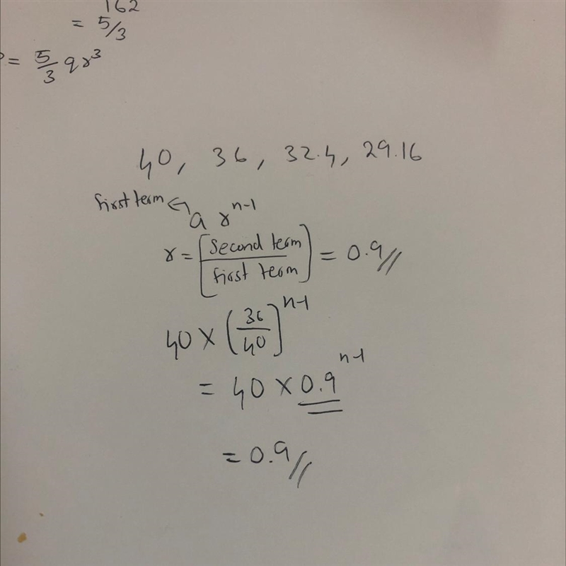 What is the common ratio for this sequence? 40, 36, 32.4, 29.16 A) 1.1 B) 0.5 C) 2.2 D-example-1