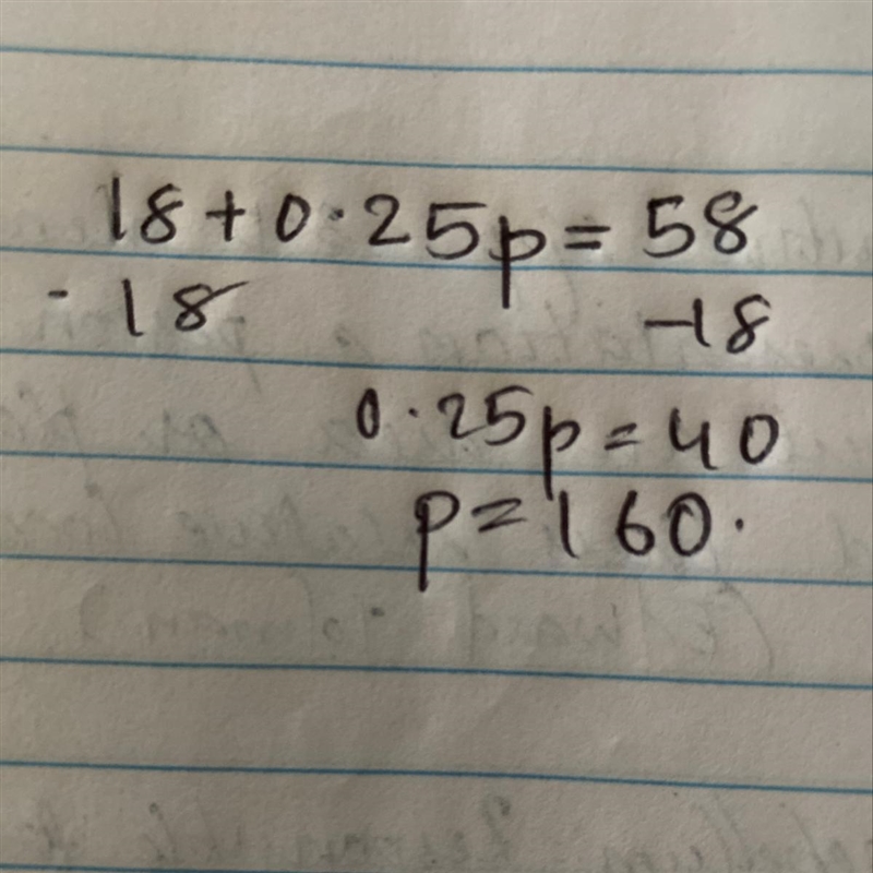 The equation 18+0.25p= c gives the cost c in dollars that a store charges to deliver-example-1