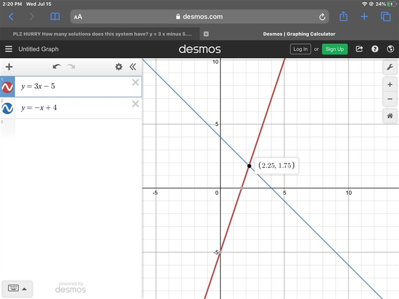 PLZ HURRY How many solutions does this system have? y = 3 x minus 5. y = negative-example-1