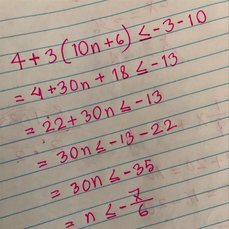 Solve the following inequality for n. Write your answer in simplest form. 4 + 3(10n-example-1