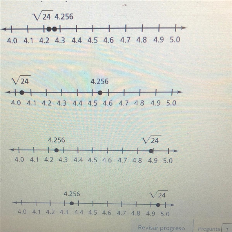 Choose the number line that correctly compares square root 24 and 4.256-example-1