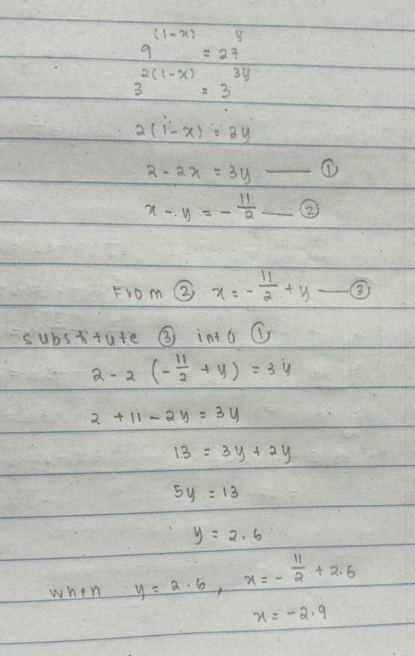 If 9^(1 - x) =27^Y and x-y equals to -11 / 2 find the value of x + y​-example-1