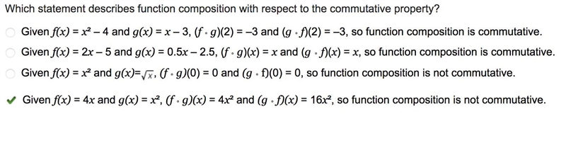 Which statement describes function composition with respect to the commutative property-example-1