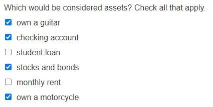 Which would be considered assets? Check all that apply. own a guitar checking account-example-1