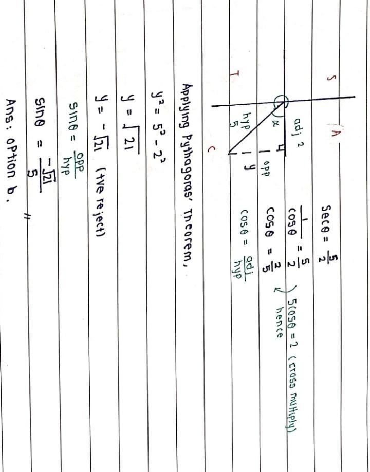 Find the exact value of sin(θ) for an angle θ with sec(θ) = 5/2 and with its terminal-example-1