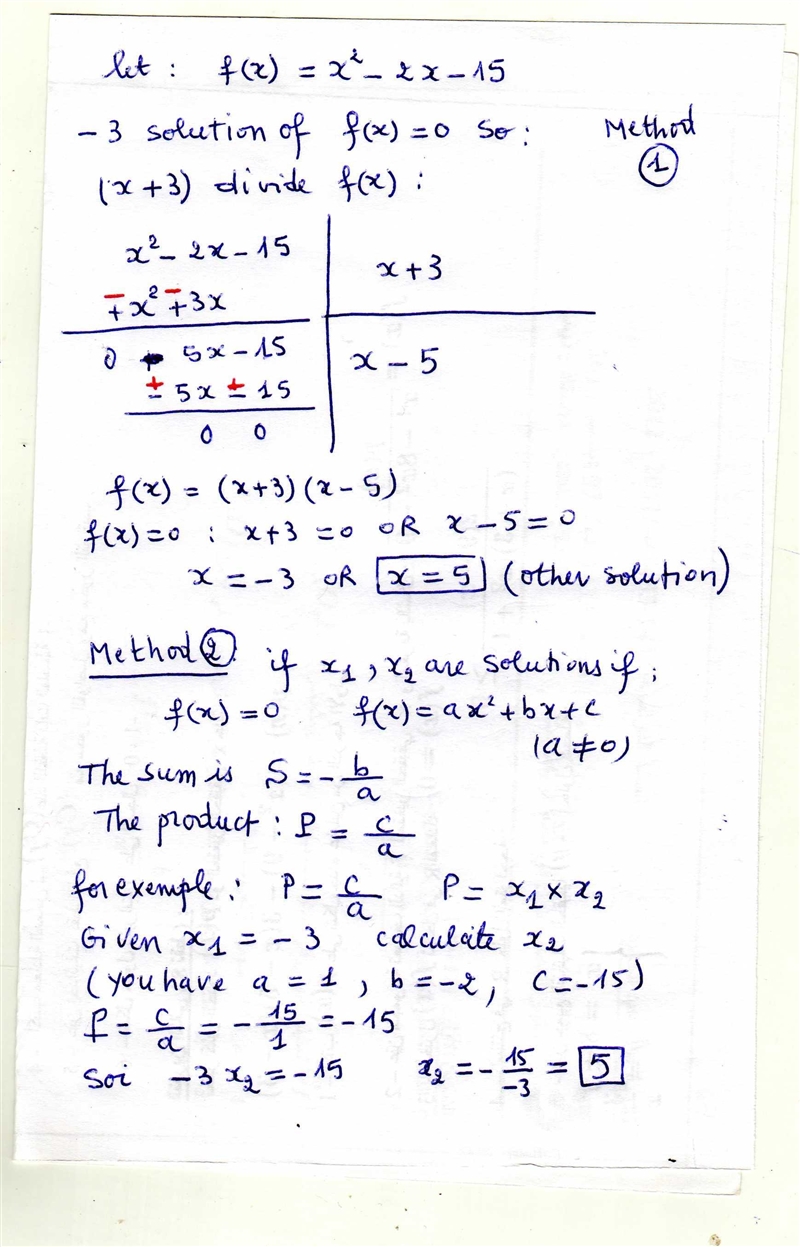 One of the solutions to x2 − 2x − 15 = 0 is x = −3. What is the other solution?-example-1