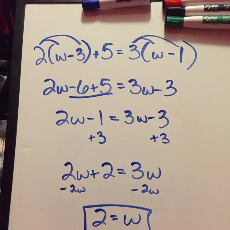 What’s the answer for 2(w-3)+5=3(w-1)-example-1