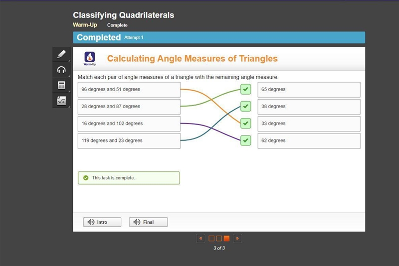 Match each pair of angle measures of a triangle with the remaining angle measure-example-1