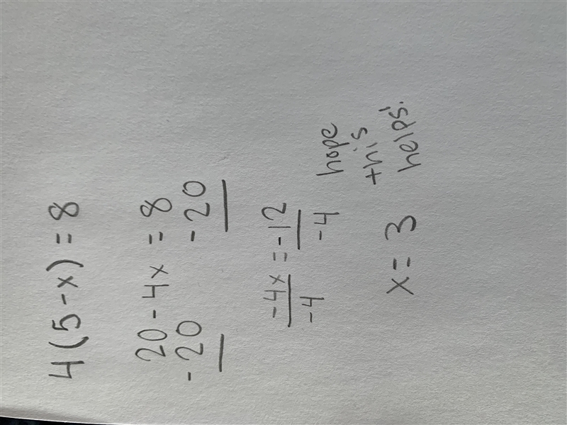 4(5 - x) = 8 Please solve for x and explain your answer.-example-1