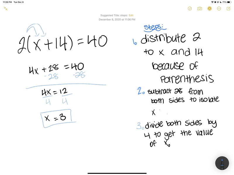 2(x + 14) = 40 Can you please do all the steps of solving this? Ex: 8(7+1)3=192 8 x-example-1