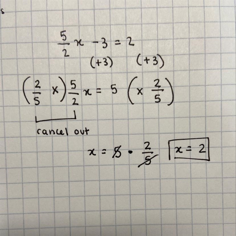 What is this answer and work shown please 5/2x -3 =2-example-1