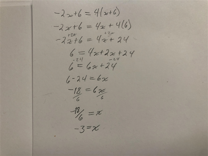 Find the value of x. -2x + 6 = 4(x + 6)-example-1