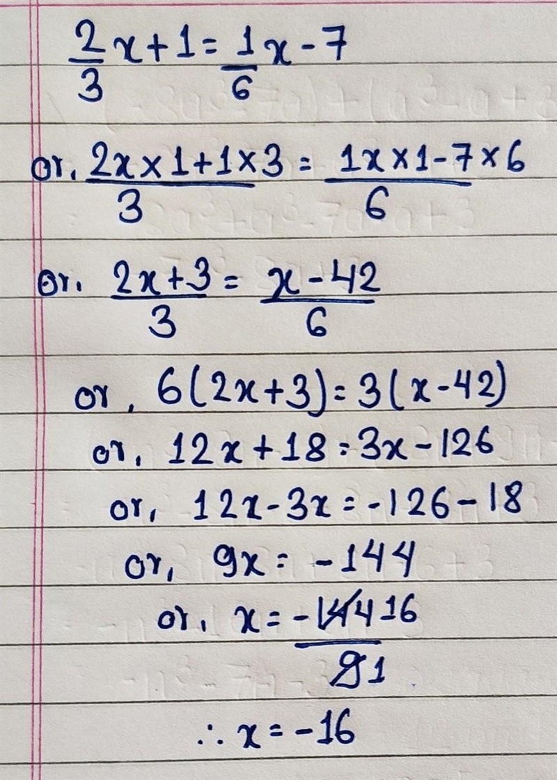 What is the solution to the equation Two-thirds x + 1 = one-sixth x minus 7?-example-1