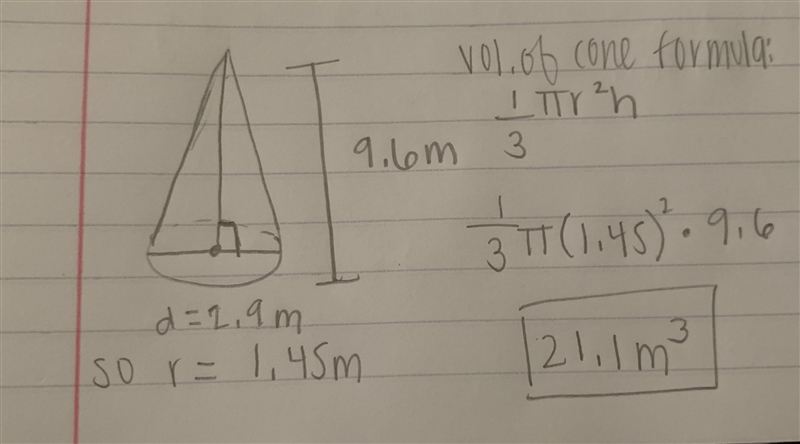 Find the volume of a right circular cone that has a height of 9.6 m and a base with-example-1