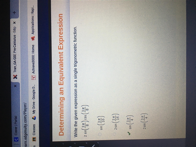 Write the given expression as a single trigonometric function. 2sin (3pi/8) cos (3pi-example-1