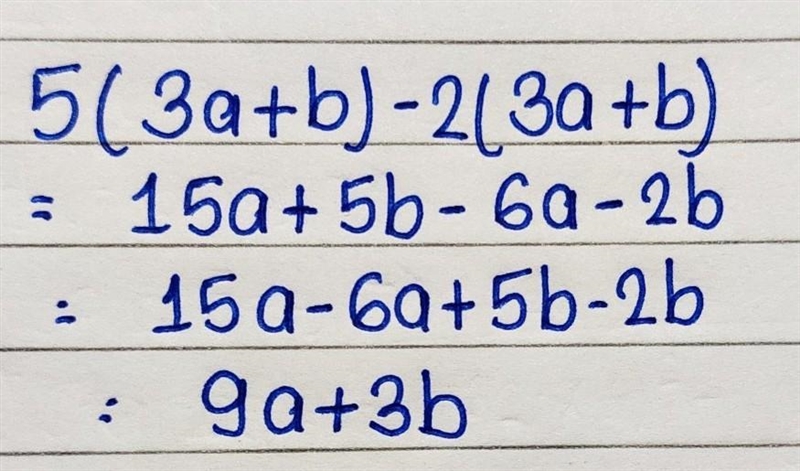 Simplify, using the distributive property and then combining like terms. 5(3a+b)−2(3a-example-1