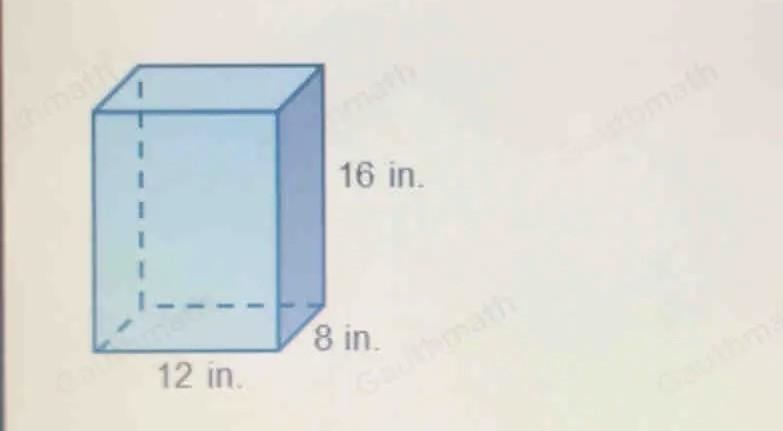 A box at the post office has dimensions as shown below. 16 in. 8 in. 12 in. What is-example-1