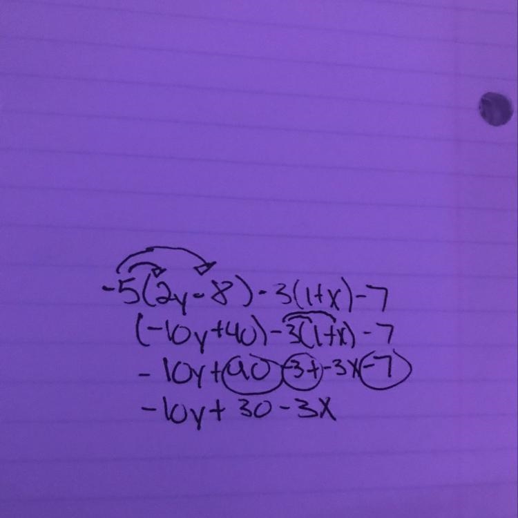 - 5(2y - 8) - 3(1 + x) - 7 can I have the solving steps.​-example-1