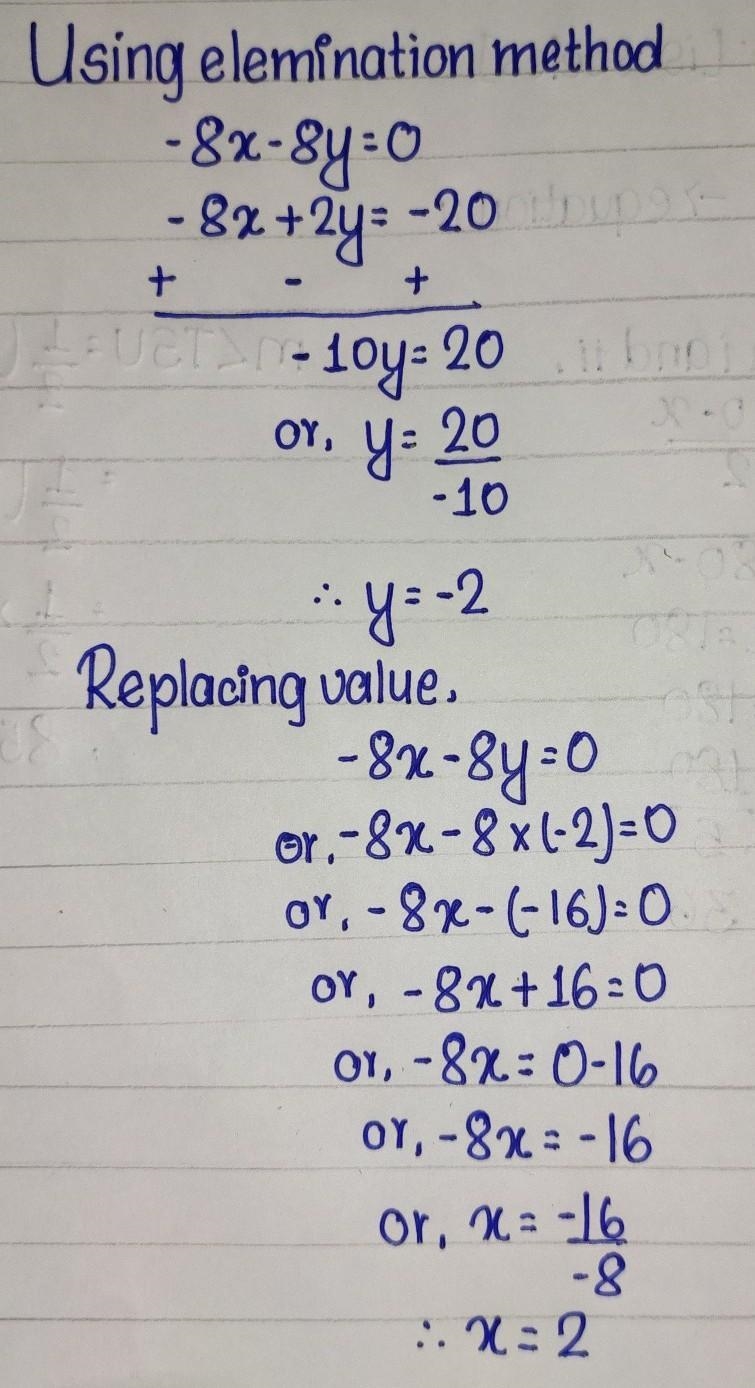 Solve the following system by any method. -8x-8y=0 and -8x+2y=-20-example-1