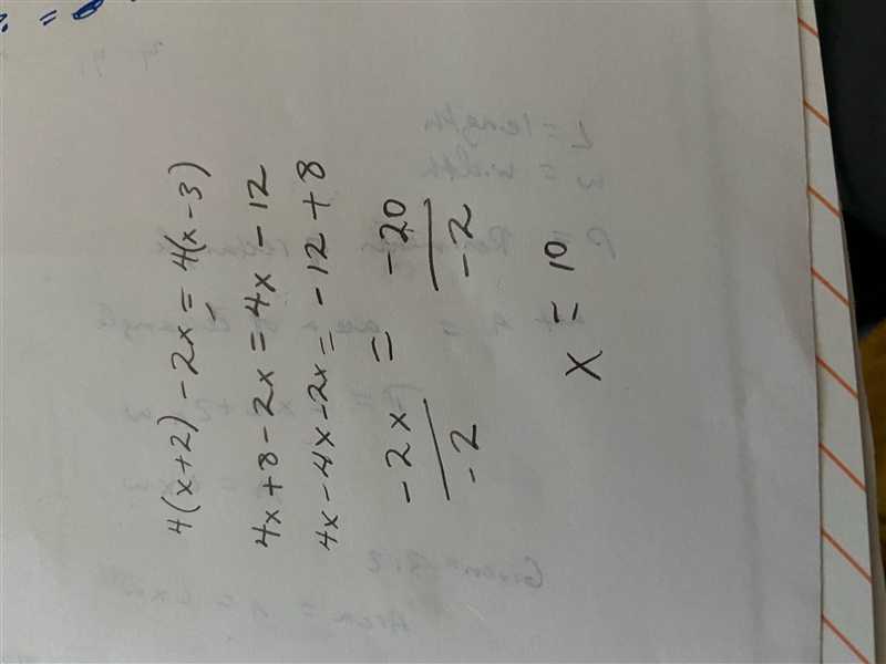 4(x + 2) − 2x = 4(x − 3) please show work-example-1