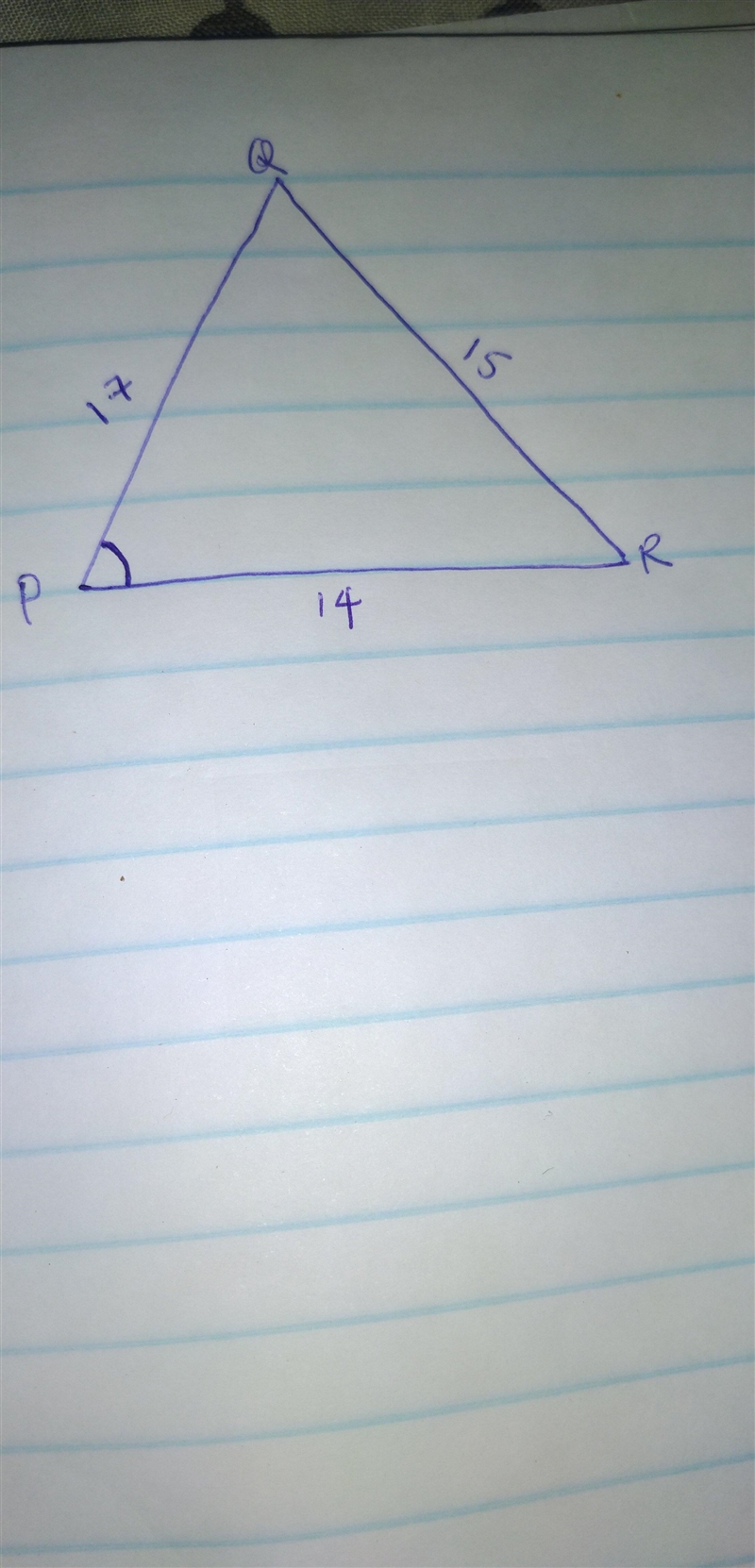 Triangle P Q R is shown. The length of P Q is 17, the length of Q R is 15, and the-example-1