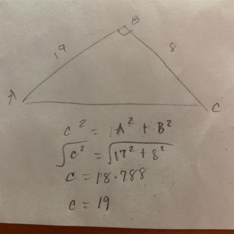 Consider right triangle ABC, right angled at B. If AC = 17 units and BC = 8 units-example-1