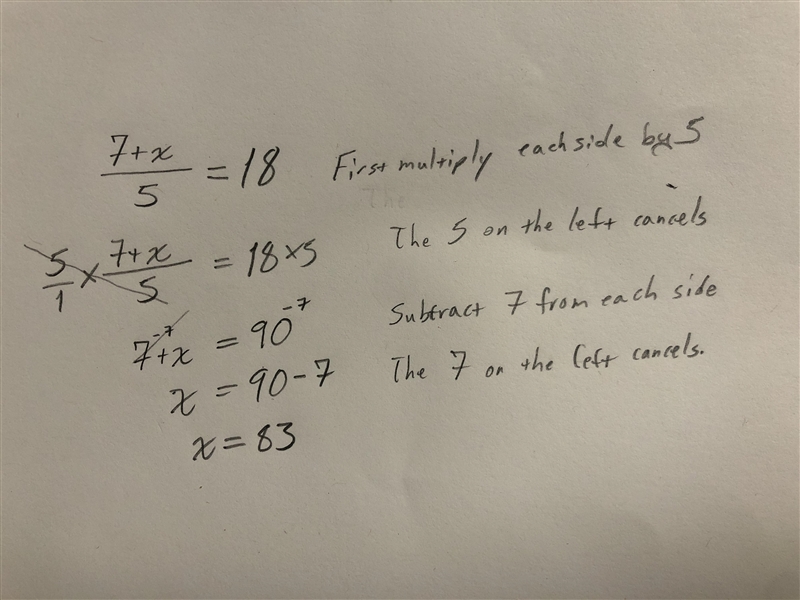 Solve the equation: 7+x/5=18-example-1