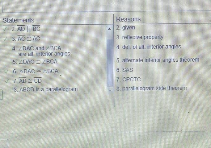 Given: AD = BC and AD || BC Prove: ABCD is a parallelogram. Angles Segments Triangles-example-2