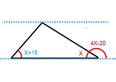 A triangle has a bottom left angle of (x + 15) degrees and a bottom right angle of-example-1