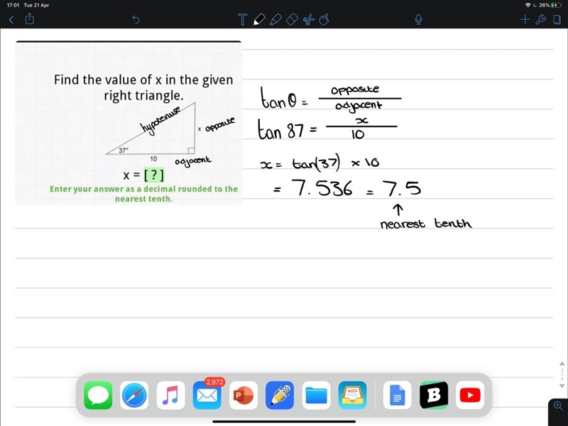 Find the value of x in the given right triangle-example-1