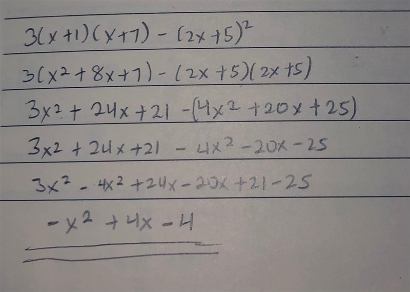 Prove 3(x+1)(x+7)-(2x+5)² is never positive-example-1