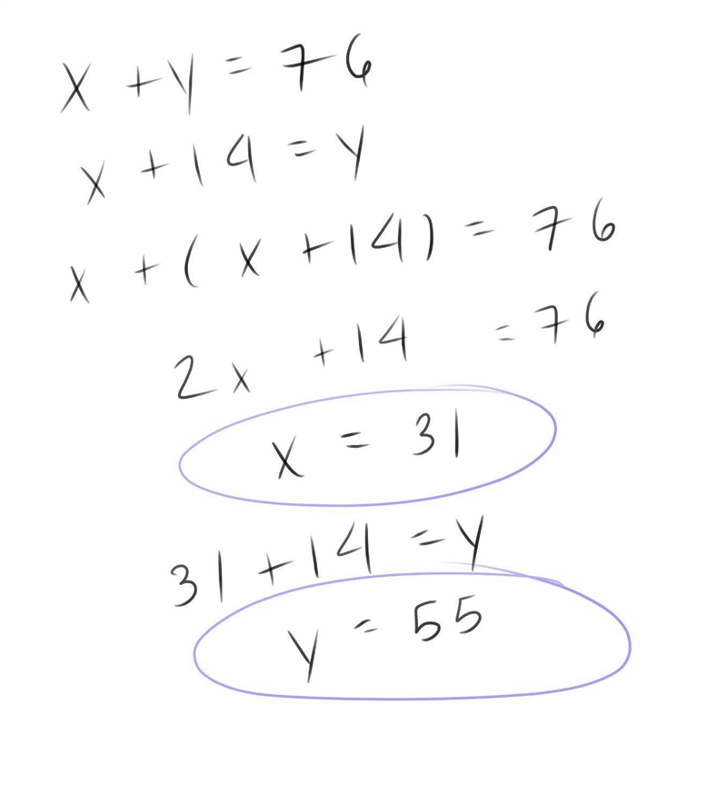 the sum of two numbers is 76. the larger number is 14 more than the smaller number-example-1