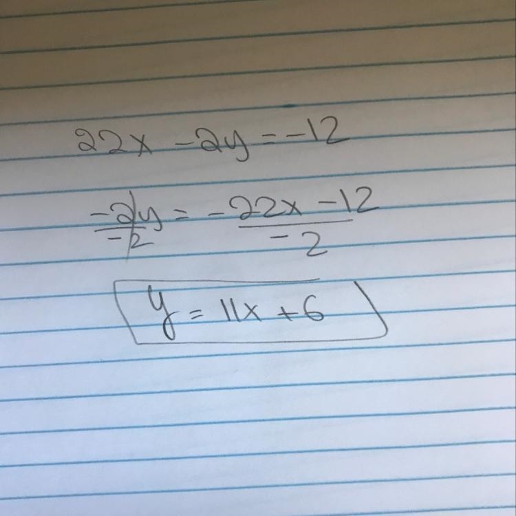 Question 24 PLEASE HELP Write the equation 22x-2y=-12 in slope-intercept form-example-1